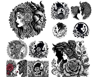 10 La Bella y la Bestia PNG, Rosa Encantada PNG, Mandala Svg, Archivos de Corte de Silueta, Camiseta Svg, PNG, Imprimible, Clipart, Diseño de Sublimación