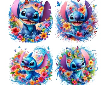 4 PNG-stygn med blommor och fjärilar, digital design, PNG-fil för sublimering, hög upplösning, omedelbar digital PNG-nedladdning, t-shirtdesigner, paket