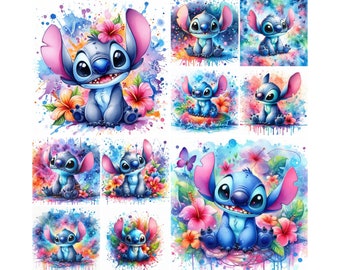 10 PNG Stitch Splash y acuarela Diseño digital Archivo PNG para sublimación - Alta resolución - Descarga PNG digital instantánea, diseños de camisetas