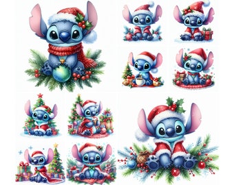10 PNG Stitch Christmas Watercolor Digital design PNG file for sublimation, High Resolution, Instant Digital PNG Download, Tshirt designs