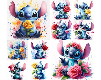 10 PNG Stitch Splash och akvarell digital design PNG-fil för sublimering, hög upplösning, t-shirtdesigner, png-paket, blomstygn, clipart