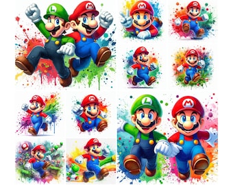10 PNG Super Mario Splash und Aquarell Digitales Design PNG-Datei für Sublimation, hohe Auflösung, sofortiger digitaler PNG Download, Tshirt-Designs