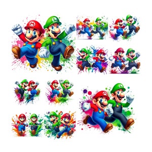 10 PNG スーパーマリオ スプラッシュ 水彩 デジタルデザイン 昇華用 PNG ファイル、高解像度、インスタントデジタル PNG ダウンロード、T シャツ デザイン、2