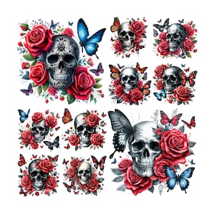 10 rotes Blumenschädel Png-Bundle, Schädel Png-Designs, Blumen Clipart, Blumen, Rosen und Schmetterling Grafiken, transparenter Hintergrund, Clip Art Bundle