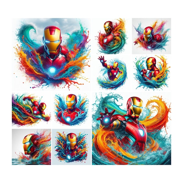 10 Iron Man Splash und Aquarell Digitales Design PNG-Datei für Sublimation, hohe Auflösung, sofortiger digitaler PNG Download, Tshirt-Designs