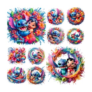 10 png lilo stitch splash en aquarel digitaal ontwerp png-bestand voor sublimatie, hoge resolutie, instant digitale png-download, tshirtontwerpen