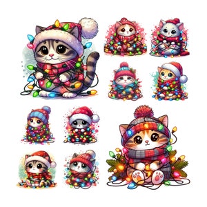 Lot de 10 cliparts chat de Noël, chat de Noël png, lot de png de Noël, miaou Noël png, clipart miaou Catmas, vacances chat Png
