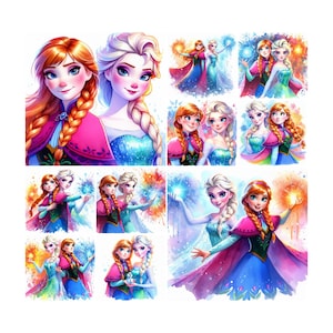 10 PNG Elsa and Anna Frozen Splash and Watercolor Digital design PNG file for sublimation, High Resolution, Instant Digital PNG Download