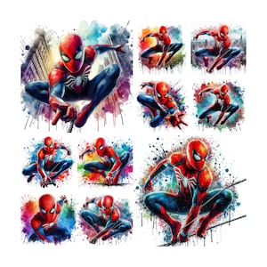 10 PNG Spiderman Acuarela Diseño digital Archivo PNG para sublimación, Alta resolución, Descarga PNG digital instantánea, Pegatina de Spiderman,