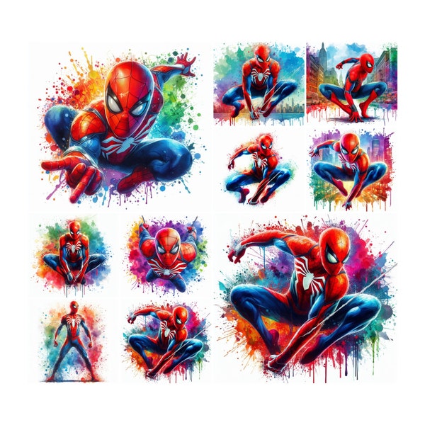 10 PNG Spiderman Splash und Aquarell Digitales Design PNG-Datei für Sublimation, hohe Auflösung, sofortiger digitaler PNG Download