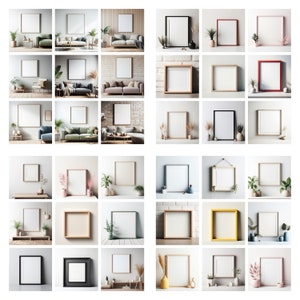 May include: A collection of square picture frames in various colors and styles, including black, white, red, and natural wood tones. The frames are displayed in a variety of interior settings, such as living rooms and bedrooms, with plants and decorative items.