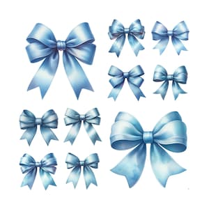 May include: A set of ten blue satin bows with varying sizes and shapes. The bows are arranged in a row on a white background.