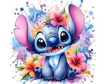 May include: A blue and pink cartoon character with large eyes and a toothy grin, surrounded by colorful watercolor flowers and splatters.