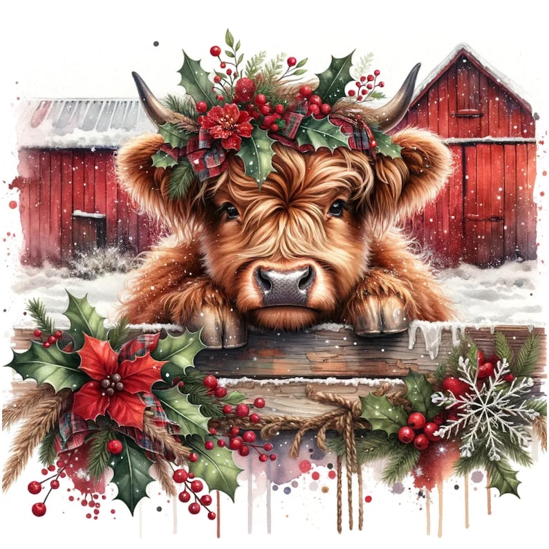 May include: A watercolor illustration of a Highland cow with a festive Christmas wreath and holly. The cow is brown and fluffy, with a red barn in the background. A wooden fence is in the foreground, decorated with Christmas greenery and berries.