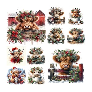 May include: A collection of watercolor illustrations featuring Highland cows adorned with festive holiday decorations. Each cow wears a wreath of holly and berries, with some wearing Santa hats or holding mugs of cocoa. The background includes barns and snowy landscapes.