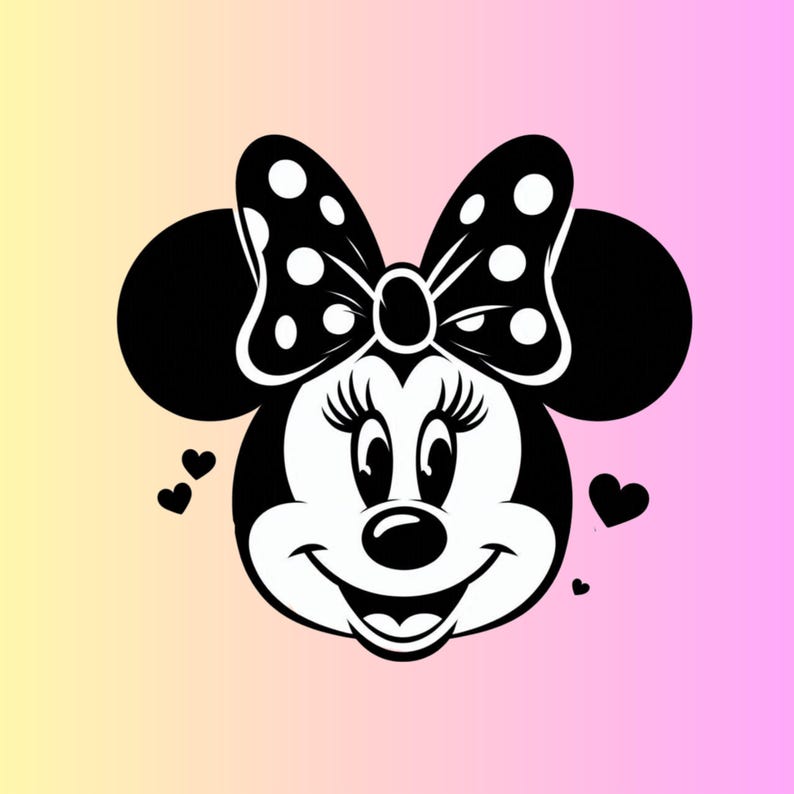 May include: Black and white illustration of a cartoon mouse with large ears and a big smile. The mouse is wearing a black and white polka dot bow.