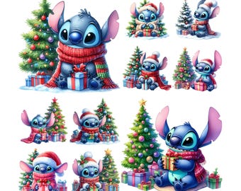 Könnte beinhalten: Eine blaue Stitch-Figur aus Lilo & Stitch hält eine Geschenkbox und trägt einen roten Schal. Stitch ist umgeben von Weihnachtsbäumen, die mit Kugeln und Lichtern geschmückt sind. Es gibt auch Geschenkboxen, die in buntes Papier eingepackt sind.