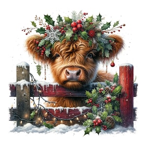May include: A Highland cow with brown fur and a festive wreath of holly, berries, and pine. The cow peeks over a red wooden fence decorated with snow, lights, and more holly. A charming holiday illustration.