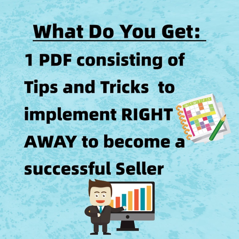 Puede incluir: Una ilustraci&oacute;n azul y blanca de una persona se&ntilde;alando una pantalla de computadora que muestra una gr&aacute;fica de barras. El texto dice "What Do You Get: 1 PDF consisting of Tips and Tricks to implement RIGHT AWAY to become a successful Seller".