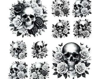 Paquete de 10 imágenes PNG de calaveras florales en blanco y negro, diseños de calaveras en PNG, imágenes prediseñadas florales, flores, rosas, fondo transparente, paquete de imágenes prediseñadas