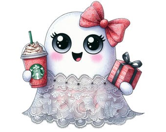 Cute Lace Ghost Christmas Png, Ghost Christmas Png, Christmas Boo Lace Bow Png, Christmas PNG, Christmas Lights Png, Cute Boo Xmas Design
