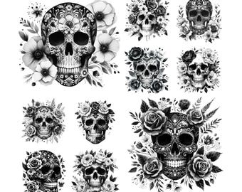 10 Black and White Floral Skull Png bundle, Skull png designs, Floral clipart, Flowers, Moth graphics, Transparent background,Clipart Bundle