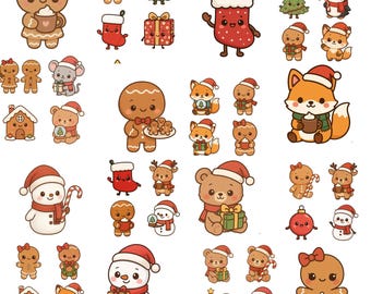 50 Kawaii Christmas Animals Clipart Bundle | Cute Holiday PNG Set | Pastel Xmas Stickers | Cute Winter Characters | Instant Download