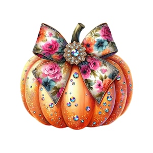Può includere: Una zucca arancione scintillante con un fiocco a motivi floreali e un centro gioiello. La zucca è decorata con glitter iridescente e il fiocco è fatto di un tessuto morbido e delicato.