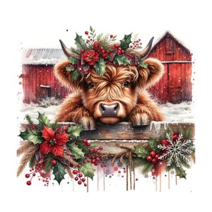 May include: A watercolor illustration of a Highland cow with a festive Christmas wreath and holly. The cow is peering over a wooden fence, with red barns and snow in the background. A snowflake and berries decorate the fence.