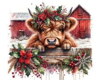 12 Christmas Highland Cow Clipart Png, Christmas Png, Watercolor clipart, High Quality PNG,Digital download, Png designs for crafts Journals