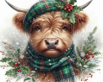 11 Christmas Highland Cow Clipart, Farm Clipart, Printable Watercolor clipart, High Quality PNG, Digital download, Paper craft,junk journals
