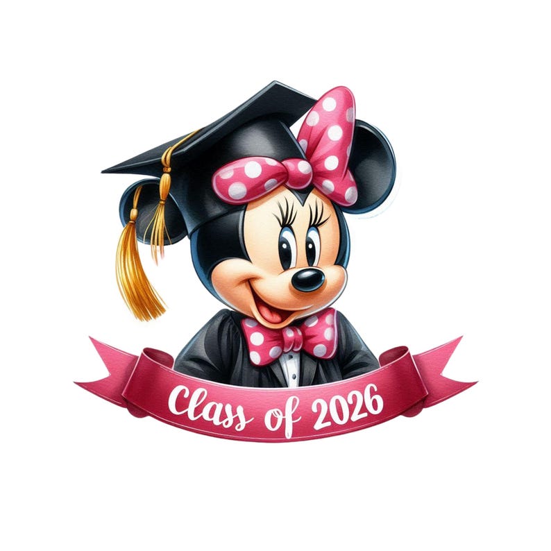 May include: Illustration of Minnie Mouse in a graduation cap and gown, with a pink bow and bow tie with white polka dots. A banner below reads "Class of 2026" in white text on a pink ribbon.