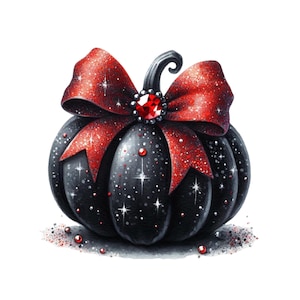 Può includere: Una zucca nera con un fiocco rosso glitterato e un gioiello rosso al centro. La zucca è decorata con scintille bianche e glitter rossi. Un oggetto decorativo per la stagione autunnale.