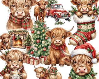 30 Whimsical Christmas Highland Cow Clipart Png, Christmas Png, Watercolor clipart, High Quality PNG,Digital download, Png designs