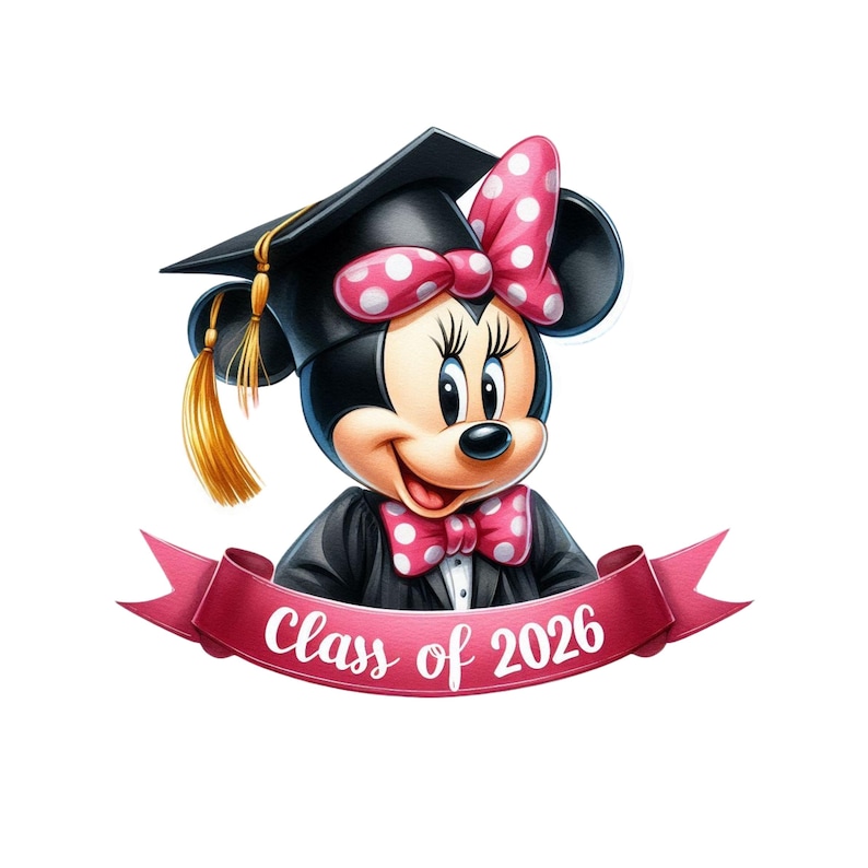 May include: Illustration of Minnie Mouse in a graduation cap and gown, with a pink bow and bow tie with white polka dots. A banner below reads "Class of 2026" in white text on a pink ribbon.