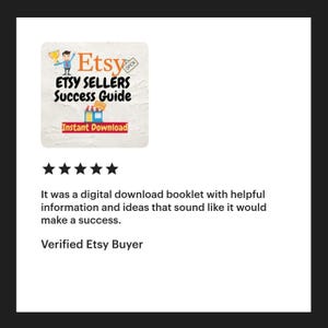 Op de afbeelding: Vijf sterren review voor een Etsy Sellers Success Guide e-book met de tekst "Het was een digitaal downloadbaar boekje met nuttige informatie en idee&euml;n die veelbelovend klinken om succesvol te zijn. Geverifieerde Etsy-koper."