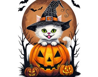 Cute Halloween Png, Cute Cat Pumpkin Halloween Png, Funny Ghost Halloween PNG, Halloween Cat Png, Spooky Season, Digital Download Png