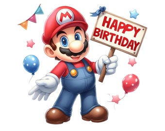 Super Mario png-verjaardag en aquarel digitaal ontwerp png-bestand voor sublimatie, hoge resolutie, instant digitale png-download, tshirtontwerpen
