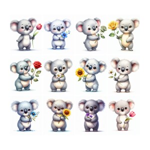 50 Clipart di Koala e Fiori - PNG di Alta Qualità - Download Digitale - Creazione di Biglietti, Tecnica Mista, Carta Digitale, Arte per la Cameretta dei Bambini, Decorazioni per la Casa, PNG