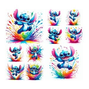 10 PNG New Stitch Splash and Watercolor Digital design PNG file for sublimation - High Resolution -Instant Digital PNG Download, stickers