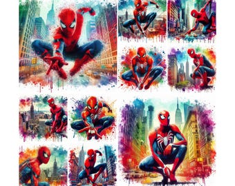 10 file PNG di design digitale di Spiderman con schizzi e acquerelli per sublimazione, alta risoluzione, download digitale immediato, pacchetto PNG