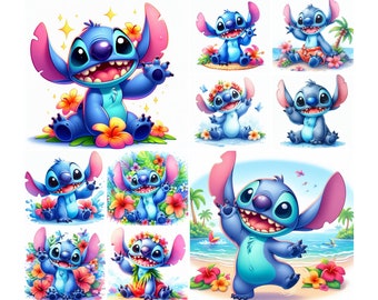 Könnte beinhalten: Eine Sammlung von neun digitalen Illustrationen mit Stitch, einem blauen Alien-Charakter aus dem Disney-Film Lilo & Stitch. Stitch ist in verschiedenen Posen und Umgebungen dargestellt, darunter ein tropischer Strand, ein Blumengarten und ein Dschungel. Die Illustrationen sind farbenfroh und fantasievoll, mit leuchtenden Farben und verspielten Details.