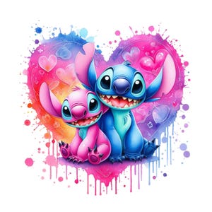 Stitch and Pink Stitch Watercolor Digital design PNG file for sublimation,High Resolution,Instant Digital PNG Download, Stitch Png, Pod png
