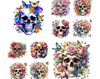 12 Floral Skull Png bundle, Skull png designs,Floral clipart, Flowers, Moth graphics, Transparent background,Clipart Bundle, Pod designs