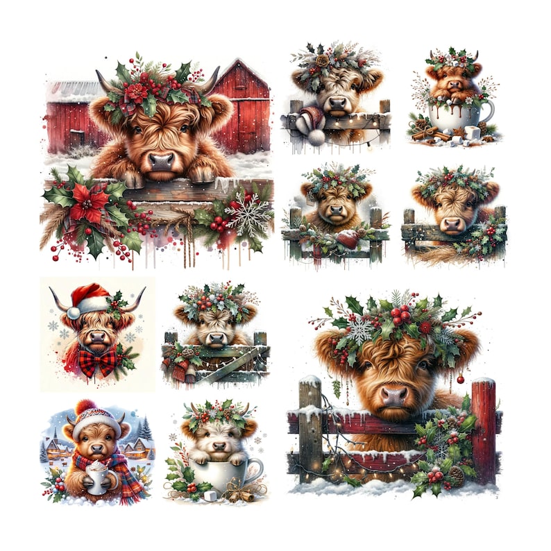May include: A collection of watercolor illustrations featuring Highland cows adorned with festive holiday decorations. Each cow is depicted with wreaths, Santa hats, and cozy winter accessories, set against snowy backgrounds.
