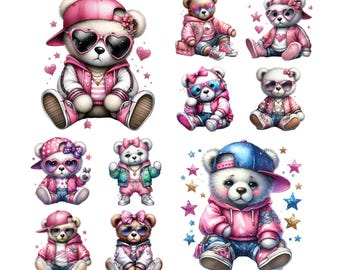 10 Watercolor Cool Bear PNG 10 Sublimation Shirt Hoodie Designs Digital Download Birthday Clipart, Colorful Png Transparent Background, Png