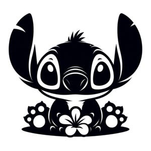 Pode incluir: Silhueta preta e branca de um personagem de desenho animado Stitch segurando uma flor. Stitch &eacute; um alien&iacute;gena azul com olhos grandes e uma express&atilde;o travessa.