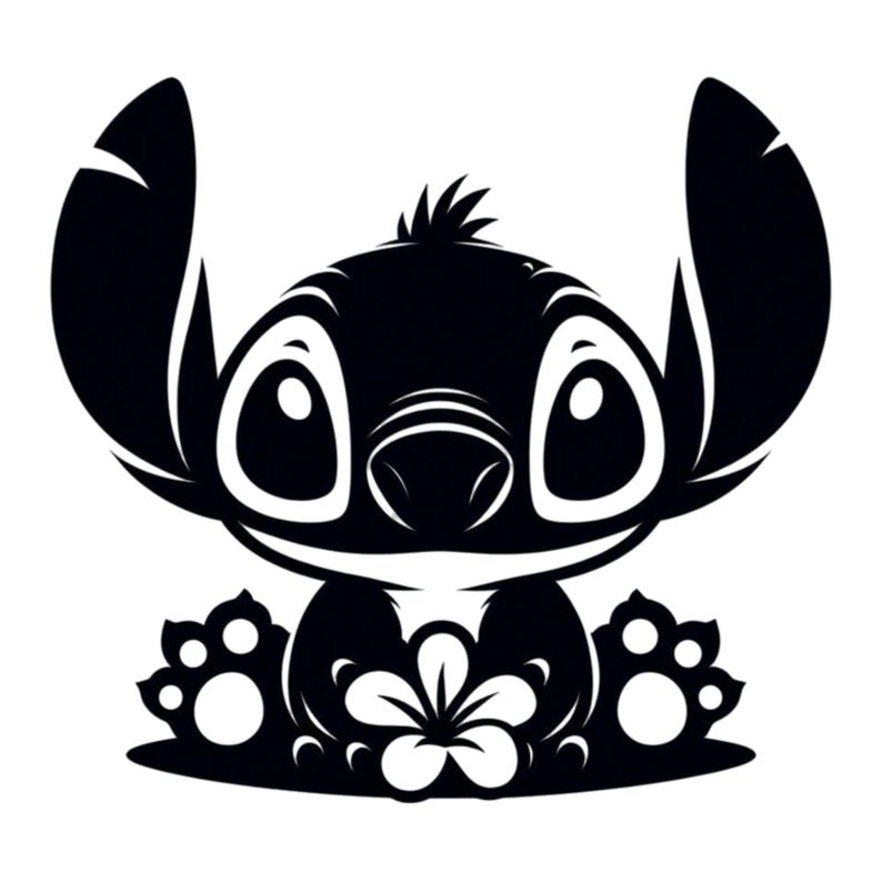 Pode incluir: Silhueta preta e branca de um personagem de desenho animado Stitch segurando uma flor. Stitch &eacute; um alien&iacute;gena azul com olhos grandes e uma express&atilde;o travessa.