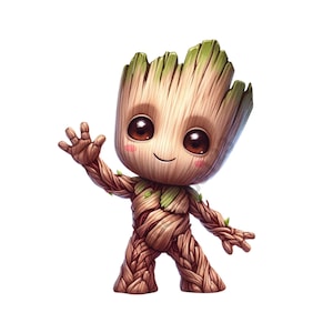 Könnte beinhalten: Eine Cartoon-Illustration eines braunen und grünen Groot-Charakters aus dem Guardians of the Galaxy-Film-Franchise. Der Charakter winkt mit einer Hand und hat einen freundlichen Gesichtsausdruck.