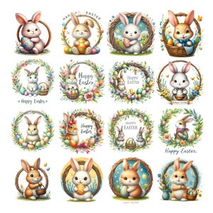 以下が含まれることがあります： かわいい漫画のウサギがイースターエッグとバスケットを持っている、16のデジタルイラストのコレクション。ウサギは、花、卵、そして「ハッピーイースター」の文字が書かれたカラフルなリースに囲まれています。